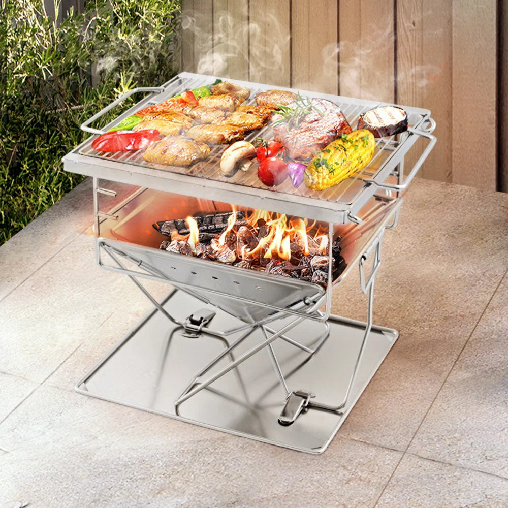 Stainless steel camping fire pit with bbq folding stove outdoor