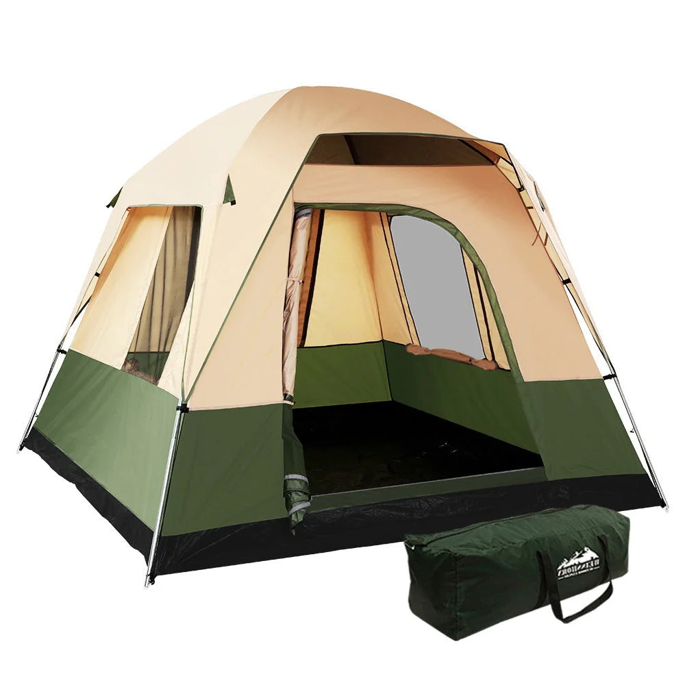 Green camping tent family with person hiking beach canvas