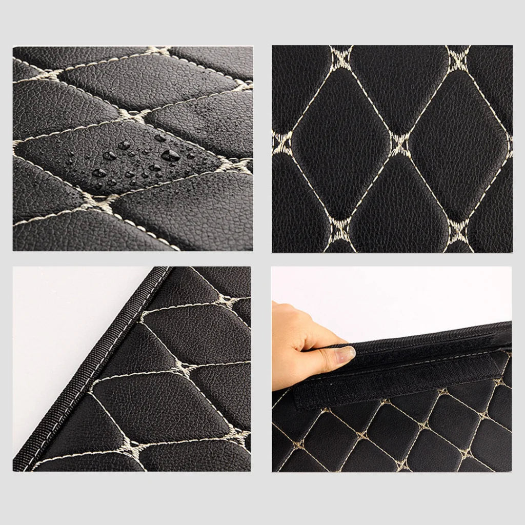 Car Boot Organizer Premium Leather Collapsible Foldable Trunk Cargo Storage Box - Black/Gold Stitch Medium