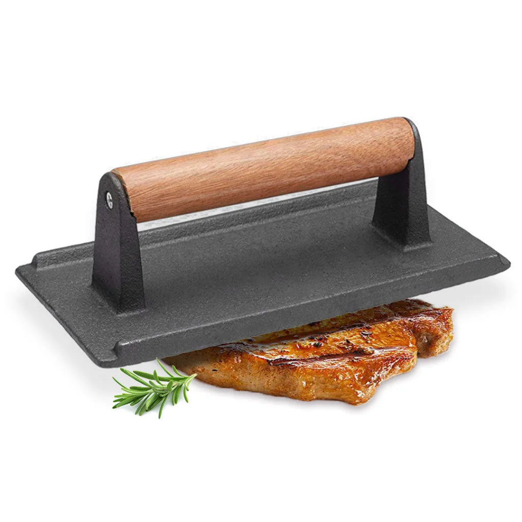 Cast Iron Bacon Press Premium Meat Steak Grill BBQ Weight with Wood Handle