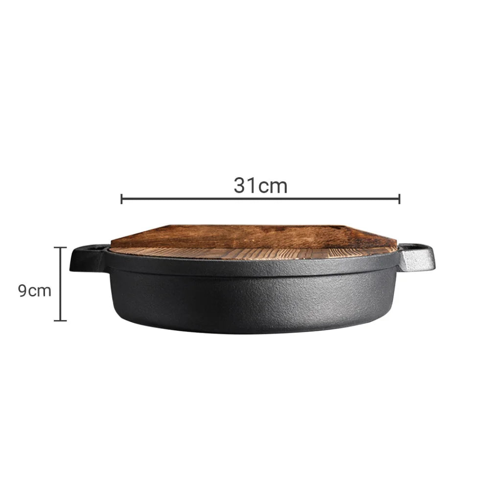 Cast Iron Deep Baking Pizza Pan Premium 31cm Round Pre-Seasoned Skillet with Wooden Lid