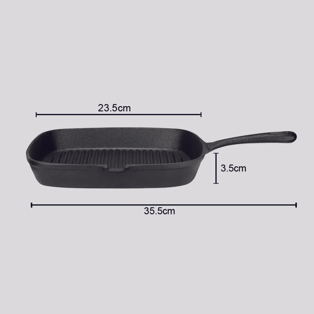 Cast Iron Frying Pan Premium 23.5cm Square Ribbed Skillet Steak Sizzle Platter with Handle