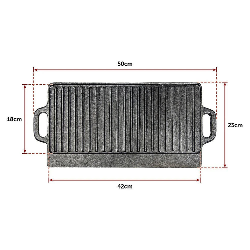 Cast Iron Reversible Griddle Plate 46x22cm BBQ Hob Cooking