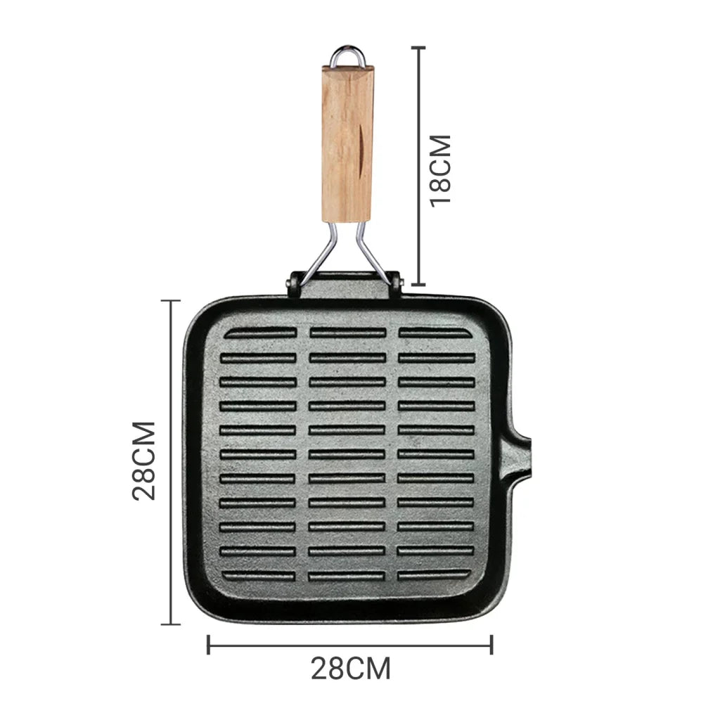 Cast Iron Square Steak Frying Pan Premium 28cm Ribbed Grill Skillet with Folding Wooden Handle