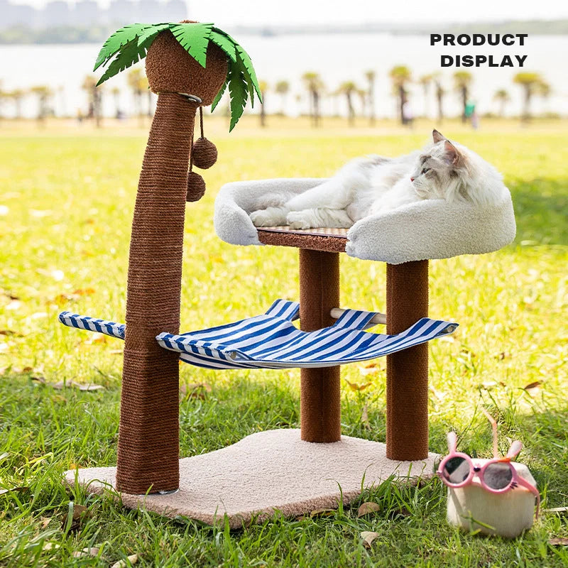 Cat Dog Bed Wood Coconut Tree Hammock Cat Scratching Post