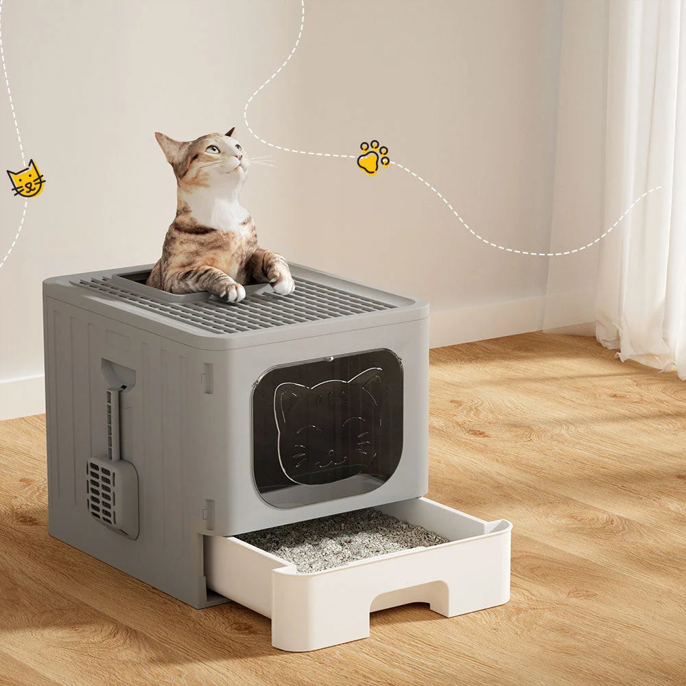 Grey cat litter box with retail box and product label area