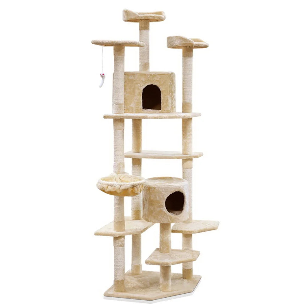 Beige wood 203cm cat tree with scratching post tower condo