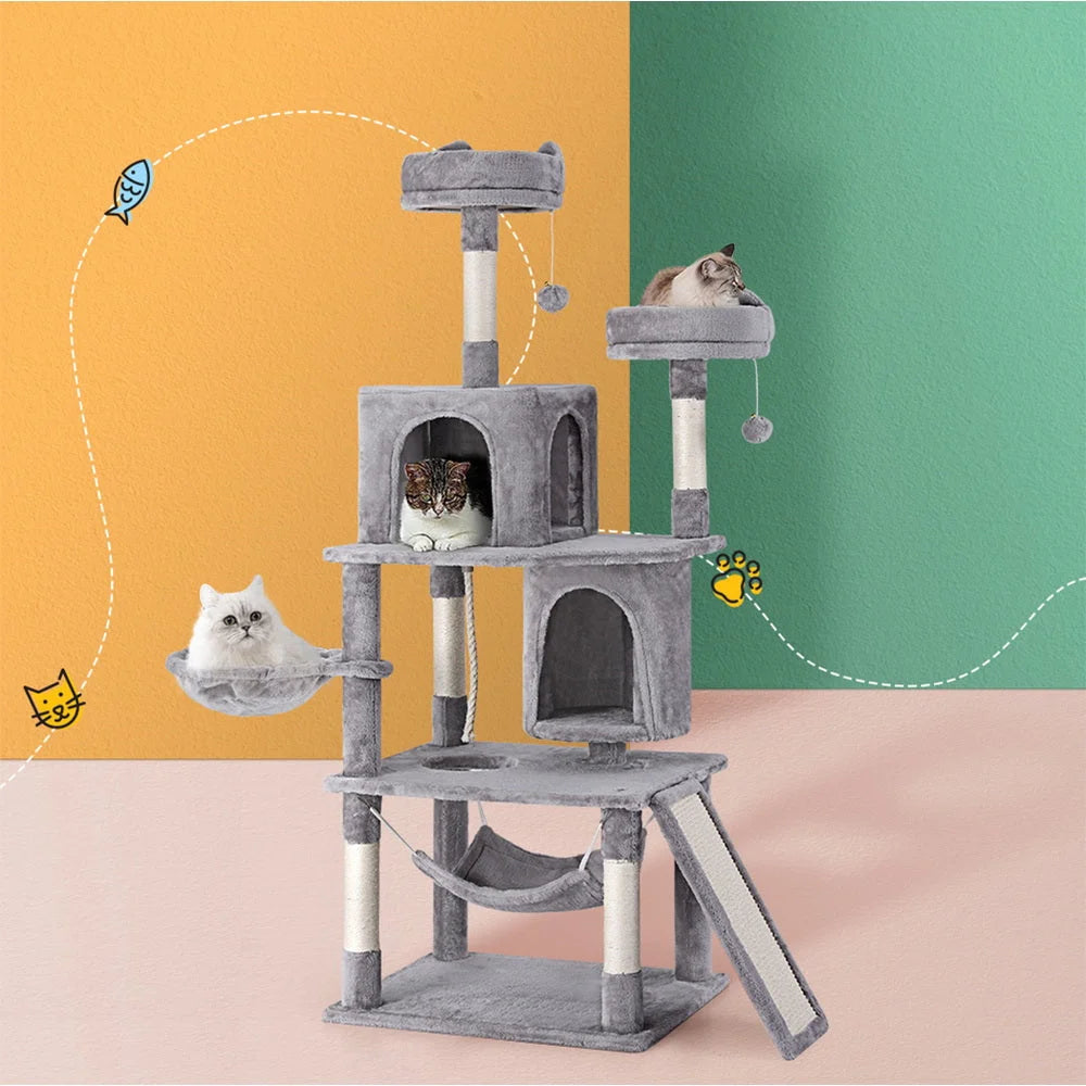 Grey 161cm cat tree with sisal scratching posts and beige platforms