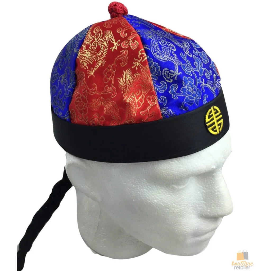 CHINESE LANDLORD HAT Oriental Asian Cap w Ponytail Party