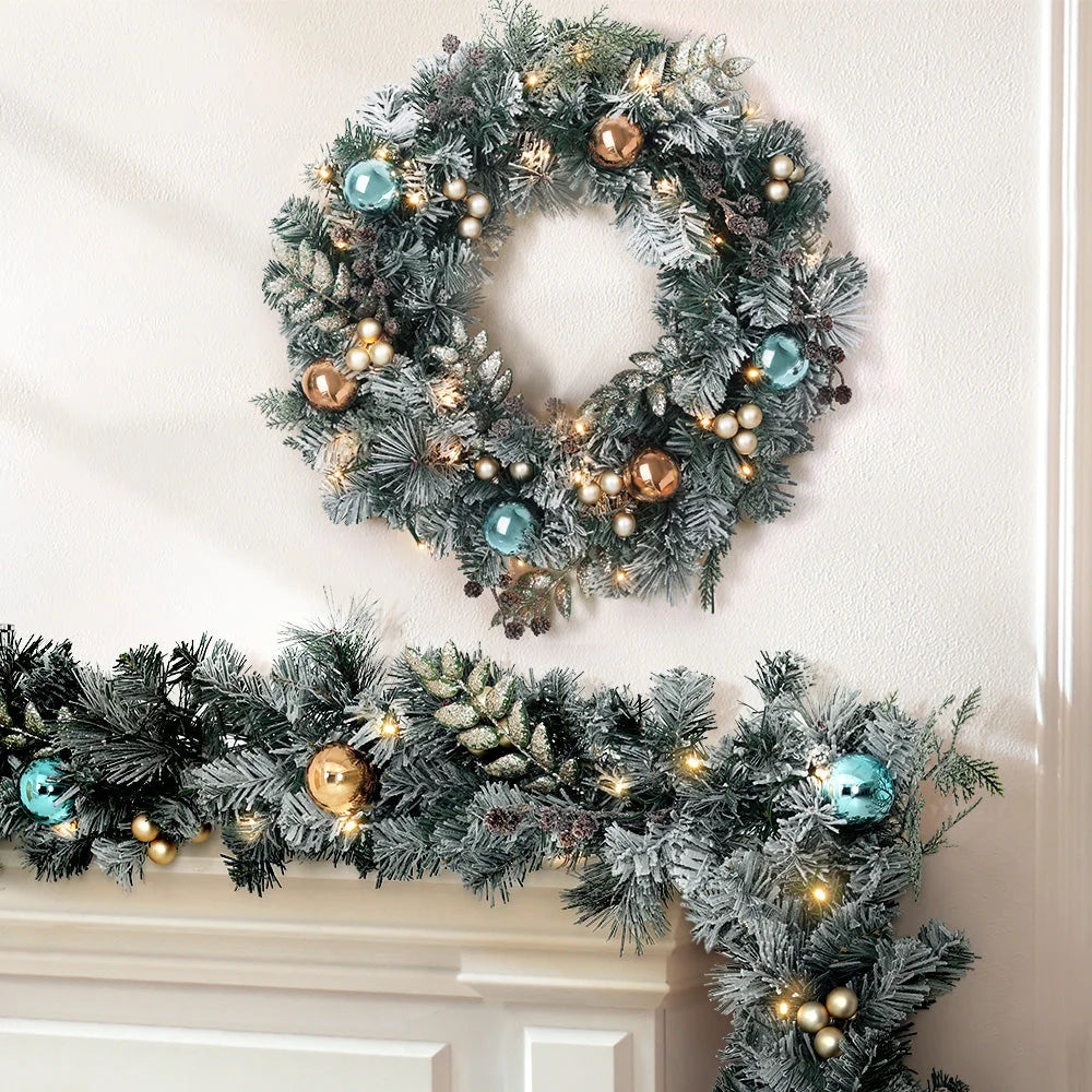 Christmas Garland with Wreath Set 2.7M LED Lights Snowy