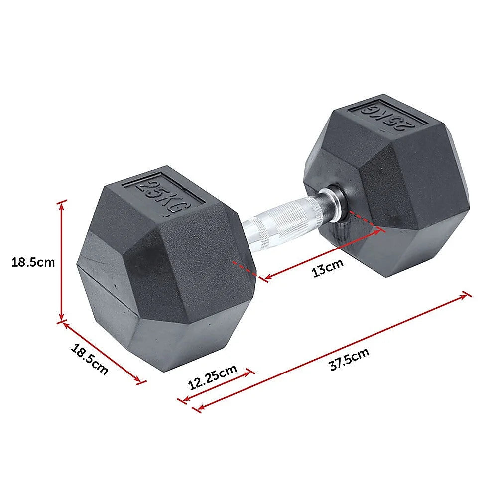 Commercial Rubber Hex Dumbbell 25KG - Gym Weight - Fitness