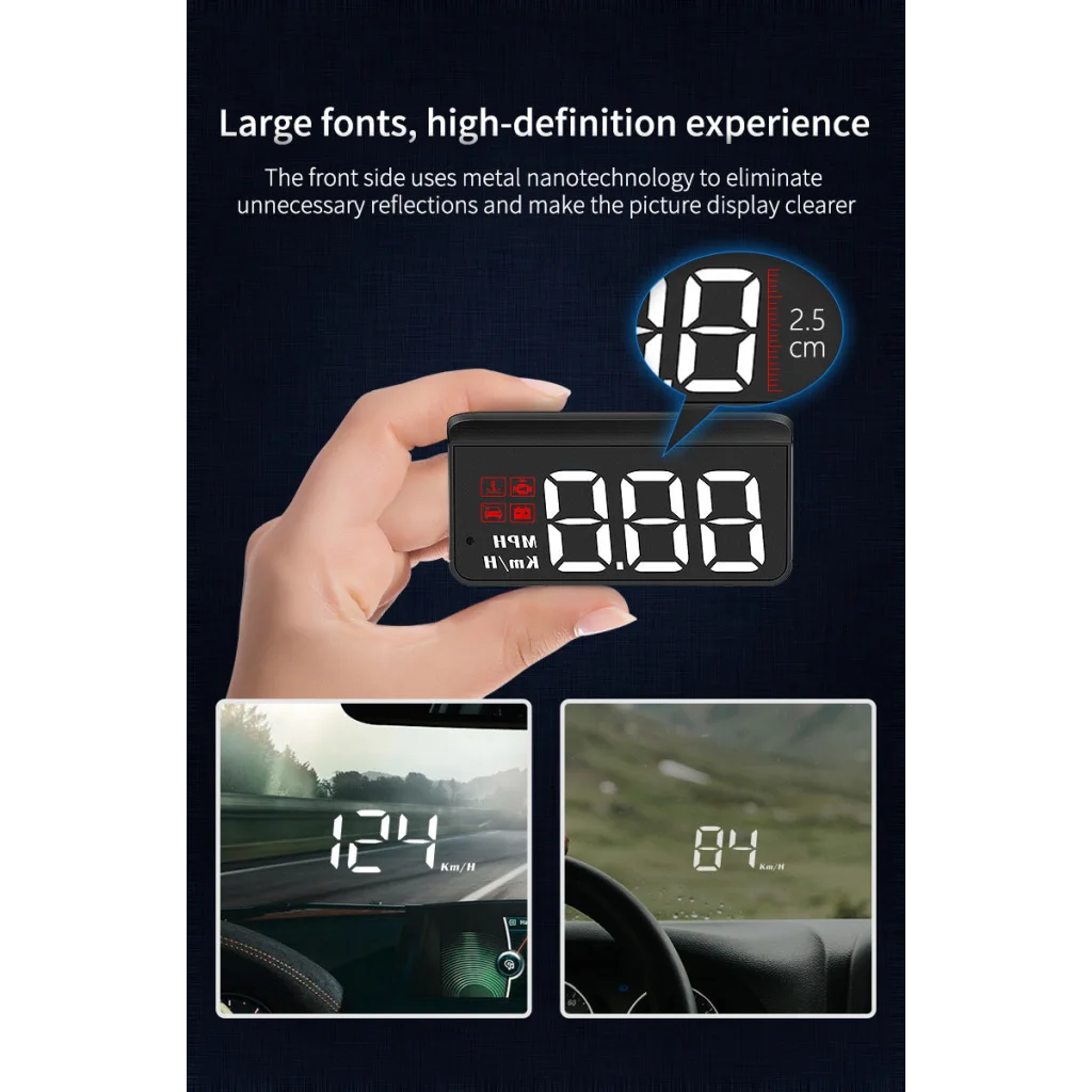 Black Compact Car Head Up Display Hud Digital Speedometer 5 Alarm Functions