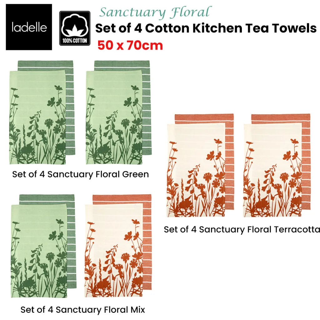 Cotton Kitchen Tea Towels Ladelle Sanctuary Floral Set of 4