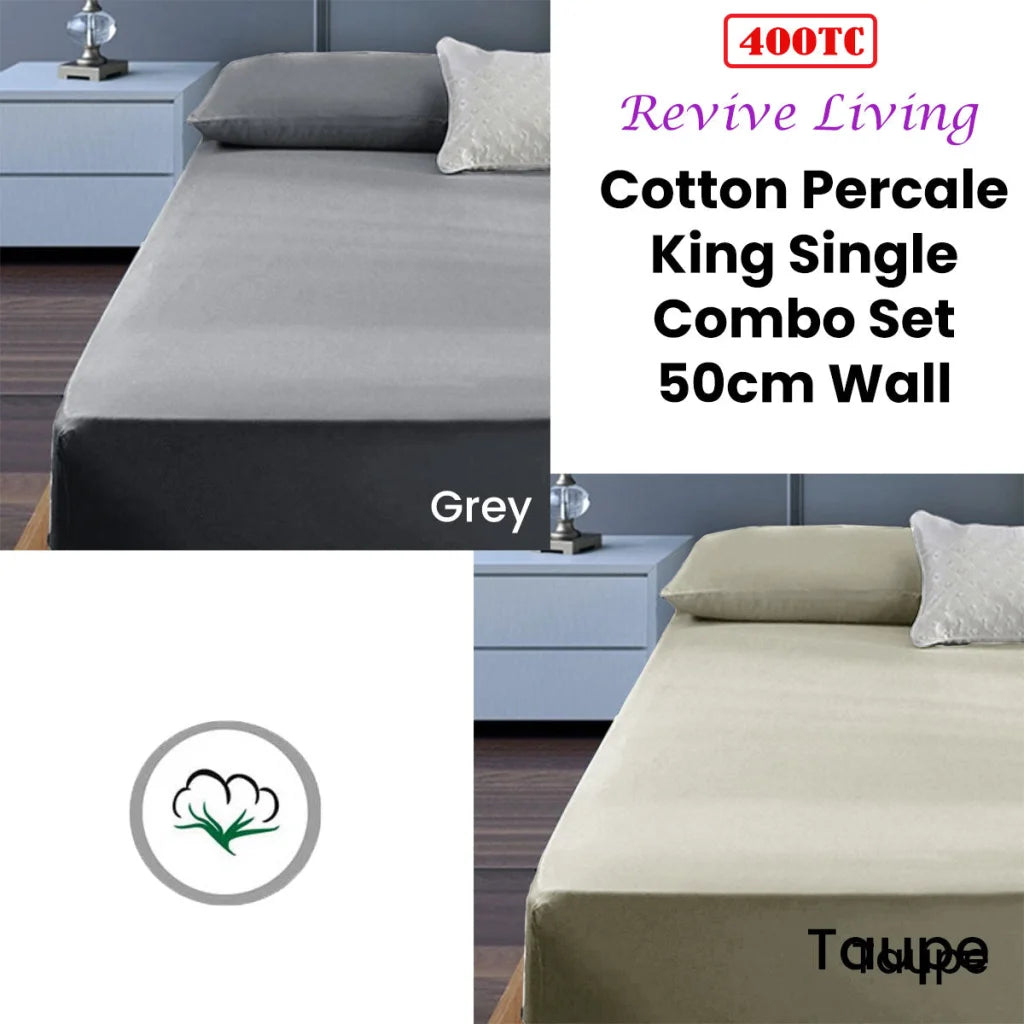 Cotton Percale 400TC King Single Combo Set 50cm Wall Grey