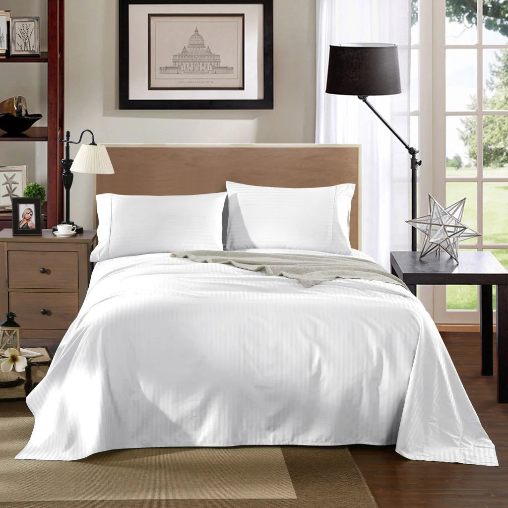 Cotton Sheet Set 1200TC Stripe - King White Kensington