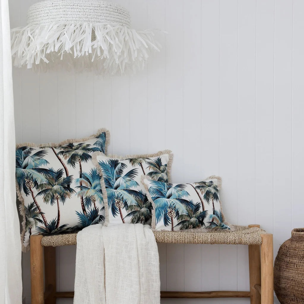 Cushion Cover Coastal Fringe Natural Palm Trees White 60cm