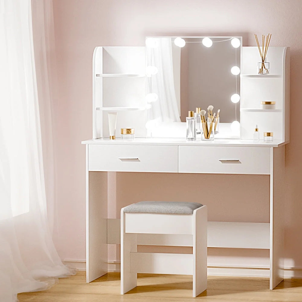 Dressing Table Set with Stool and 10 LED Bulbs - White