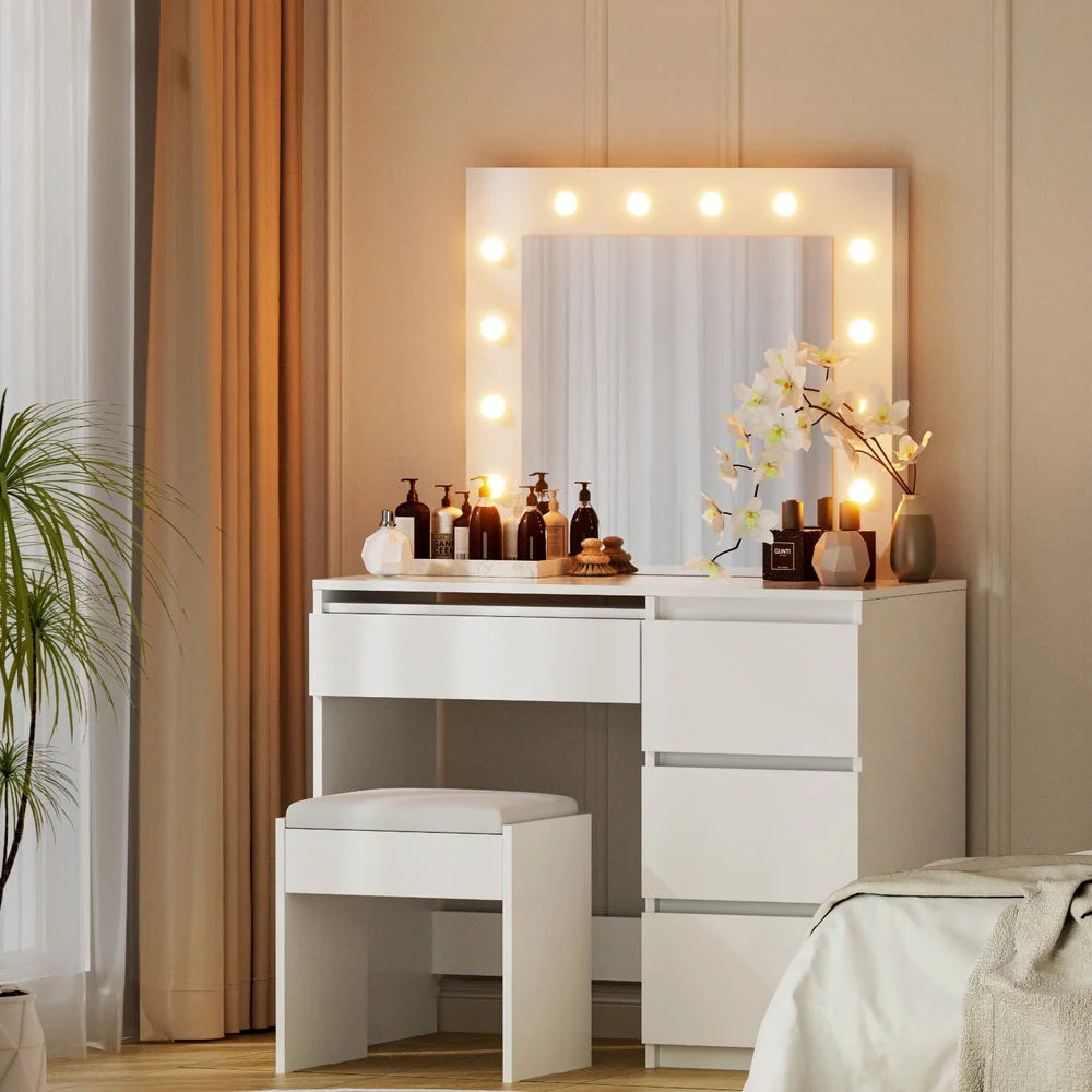 Dressing Table Set with Stool and 12 LED Bulbs - White