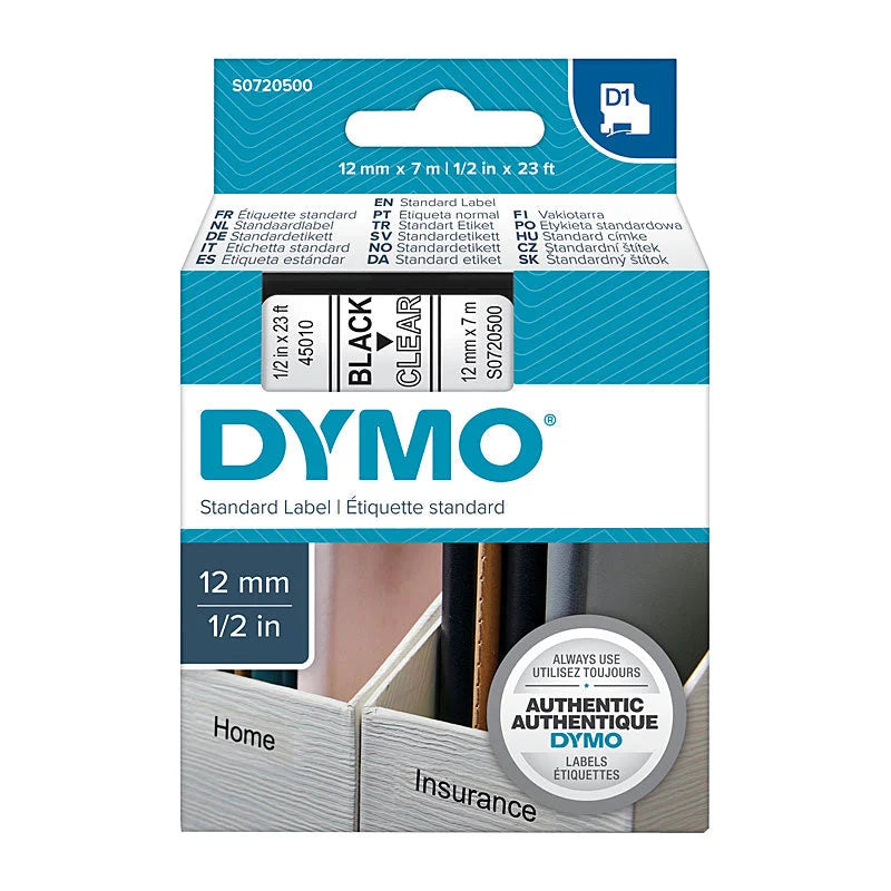 DYMO Black on Clear Tape 12mm x 7m