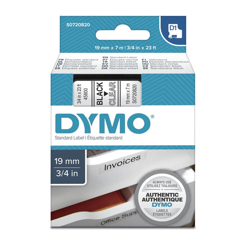 DYMO Black on Clear Tape 19mm x 7m