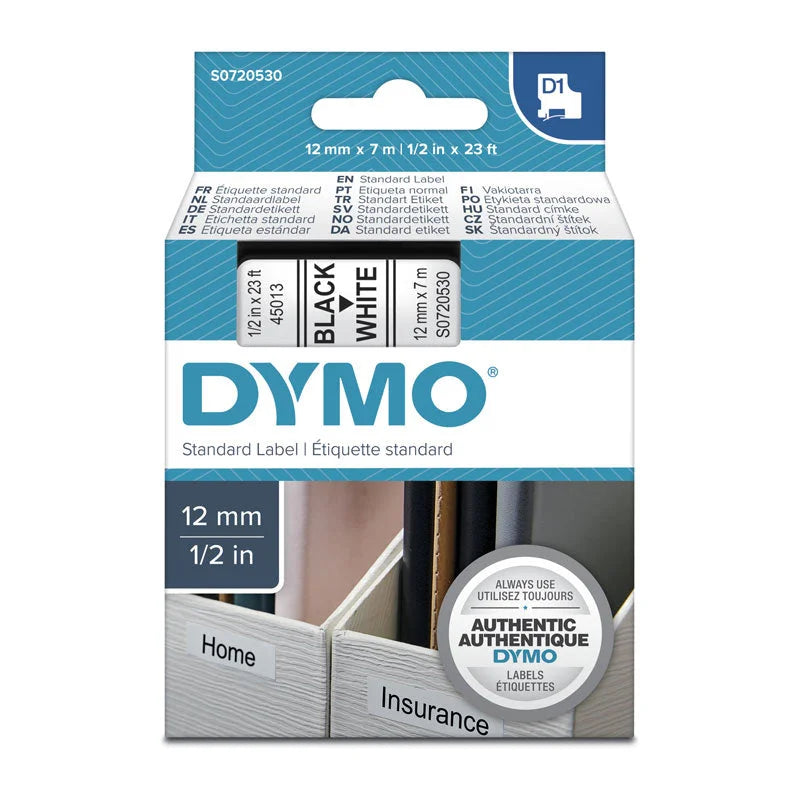 DYMO Black on White Label Tape 12mm x 7m