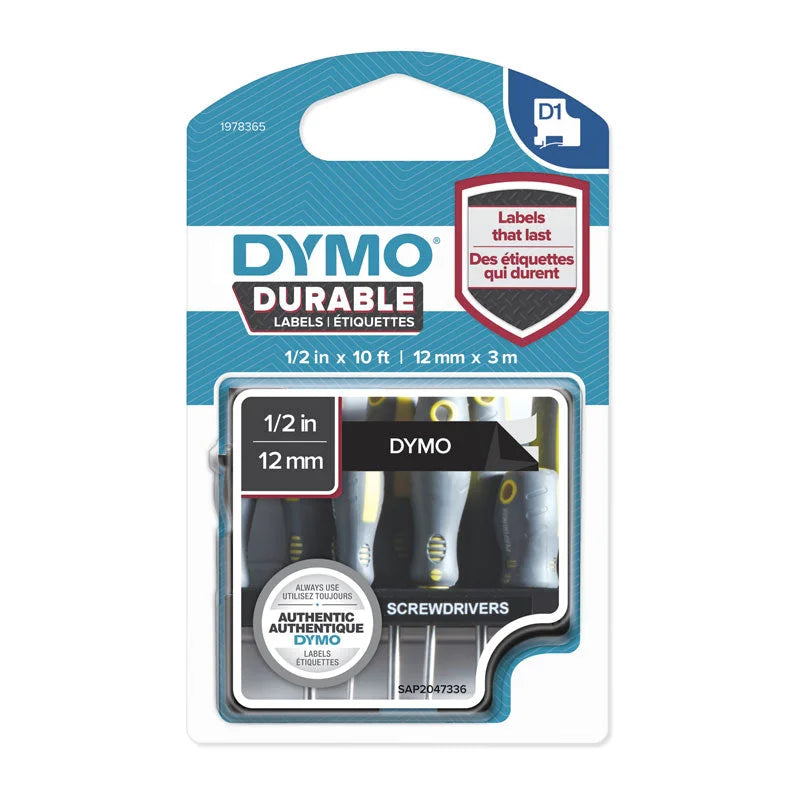 DYMO Durable White on Black Tape 12mm x 3m