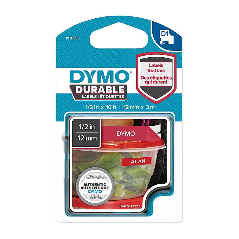 DYMO Durable White on Red Tape 12mm x 3m