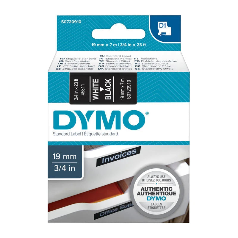 DYMO White on Black Tape 19mm x 7m