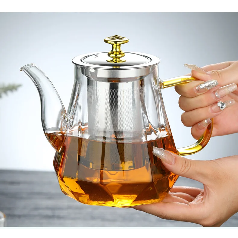 Elegant Glass Teapot with Gold Handle and Stainless Steel