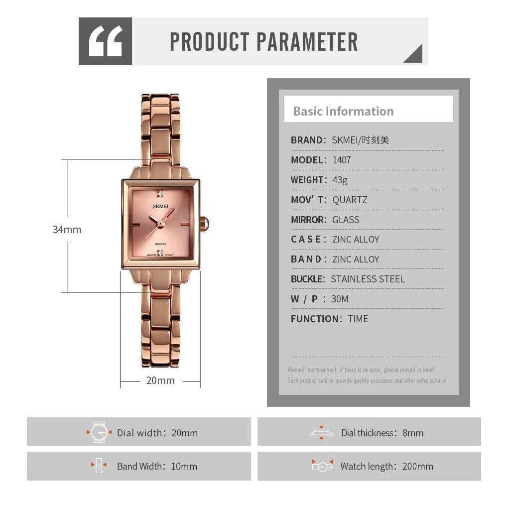 Elegant Square Quartz Watch for Women with Diamonds