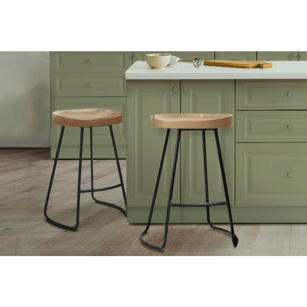 Elm Wood Backless Bar Stools (Set of 2) 65cm Black/Light