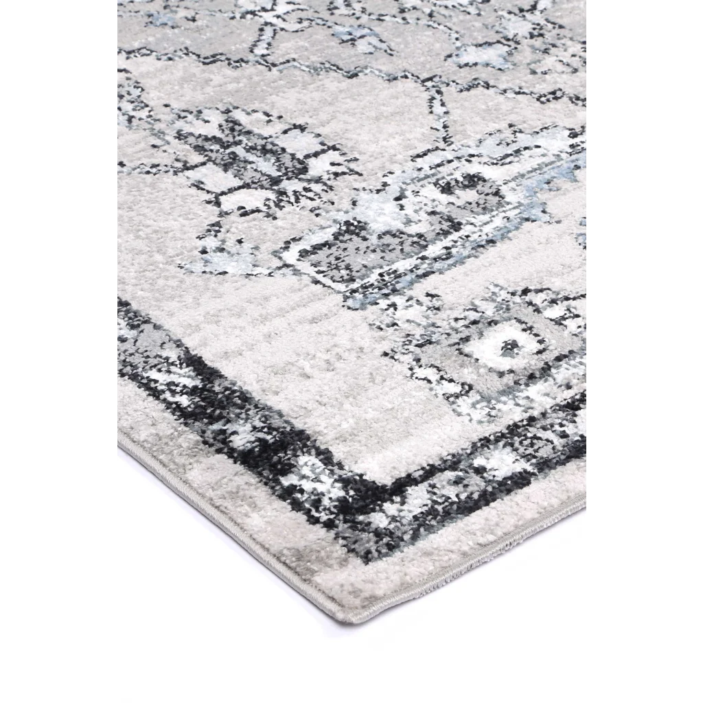 Grey 80x150 floor rug with estate pattern and woven pile