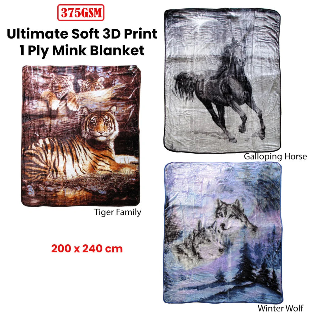 Faux Mink Blanket 375gsm 1 Ply 3D Print Queen 200x240cm