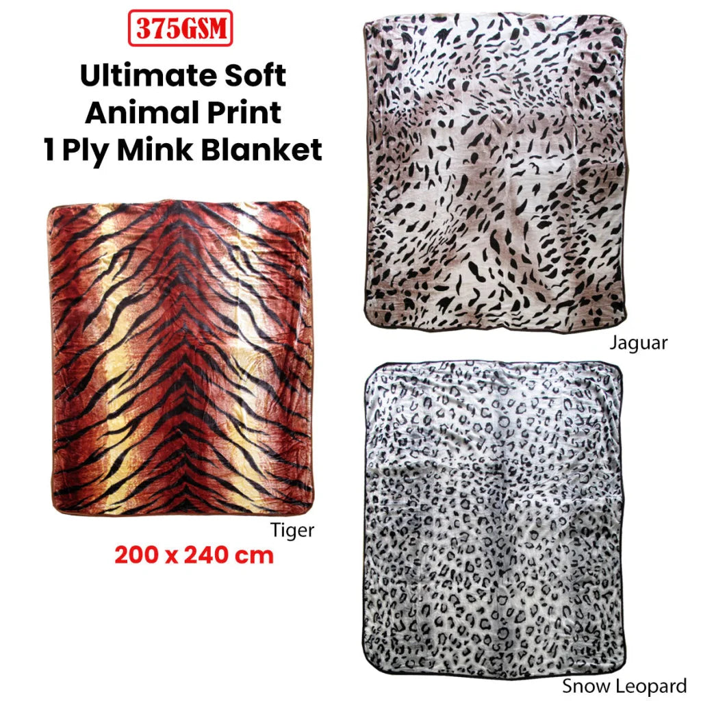 Faux Mink Blanket 375gsm 1 Ply Animal Print Queen 200x240cm
