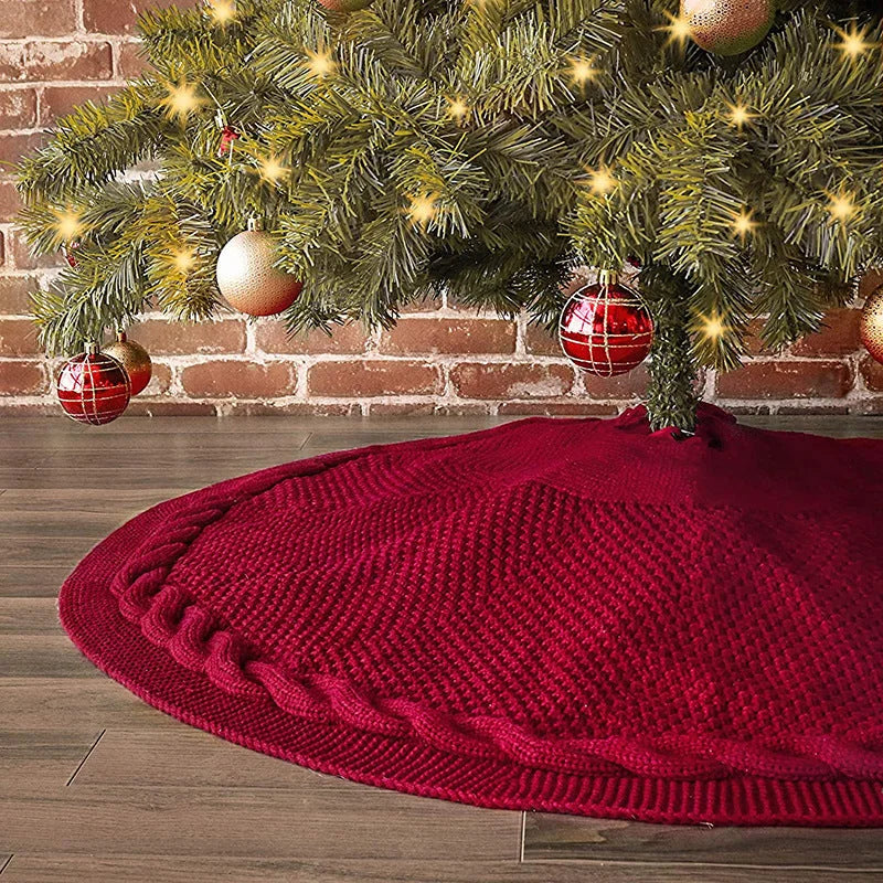 Festive Knit Christmas Tree Skirt - Acrylic Red Tree Mat