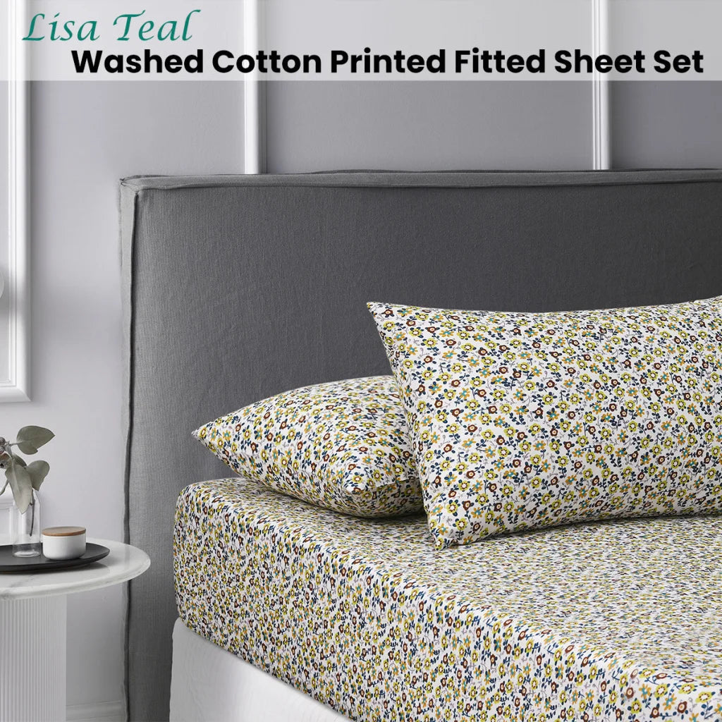 Fitted Sheet Set Double Accessorize Lisa Teal Washed Cotton