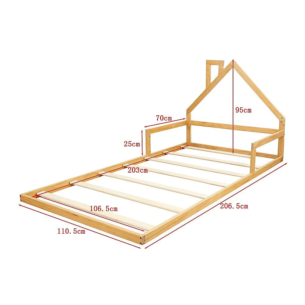 Floor Bed House Frame Pine Wood for Kids and Toddlers