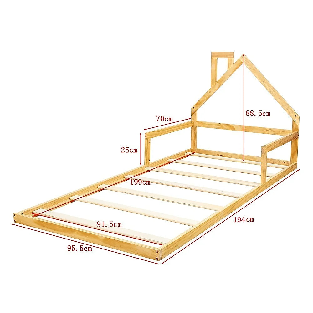 Floor Bed House Frame Pine Wood for Kids and Toddlers