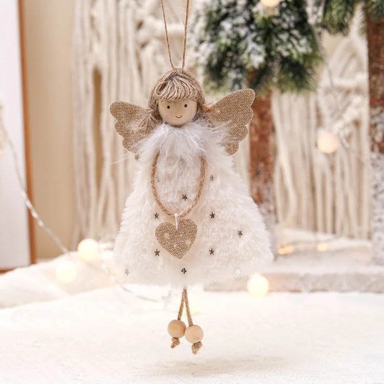 Fluffy Angel Hanging Ornament with Heart and Glitter Wings