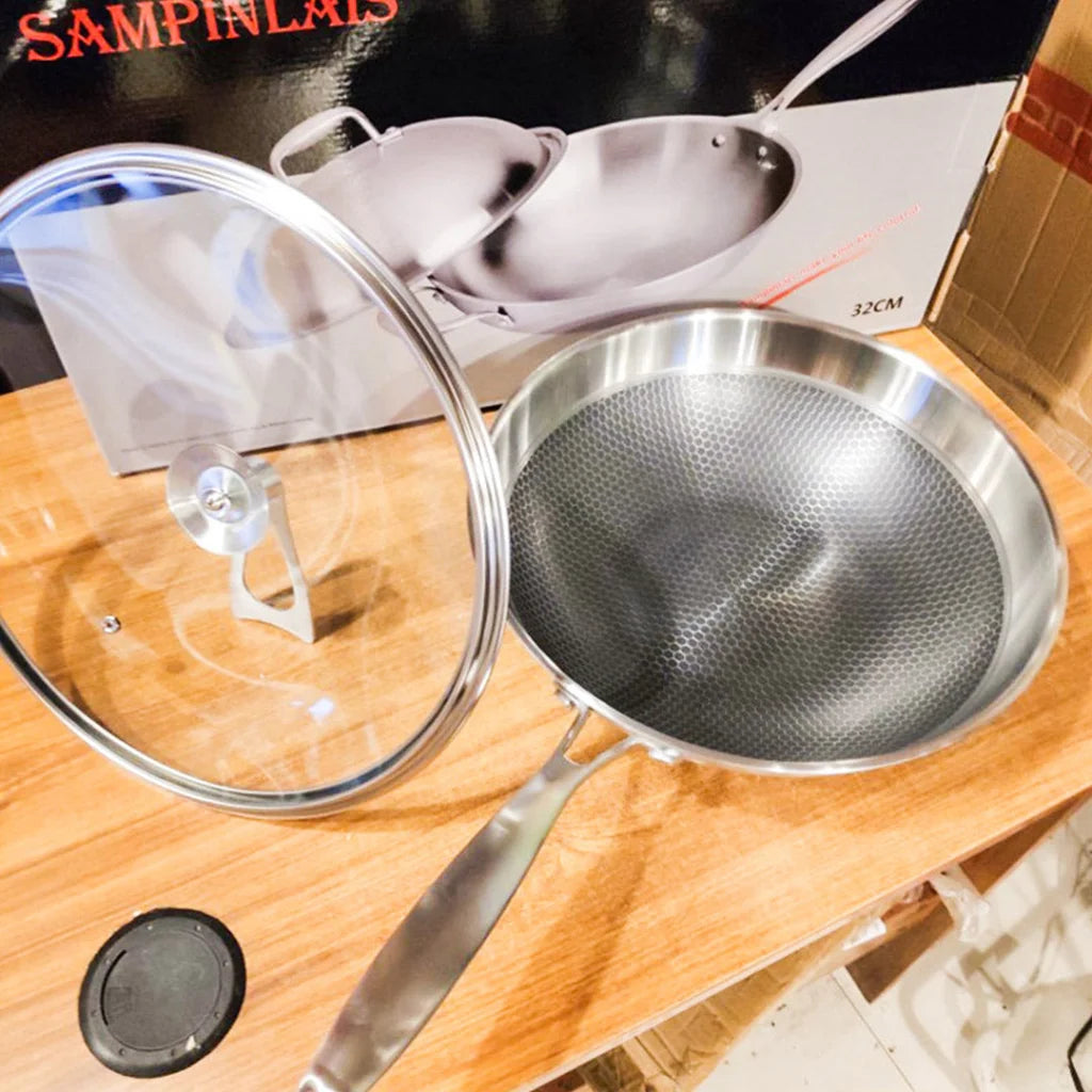 Frying Pan Premium 34cm Stainless Steel Tri-Ply Cooking Skillet Textured Non-Stick with Glass Lid and Helper Handle