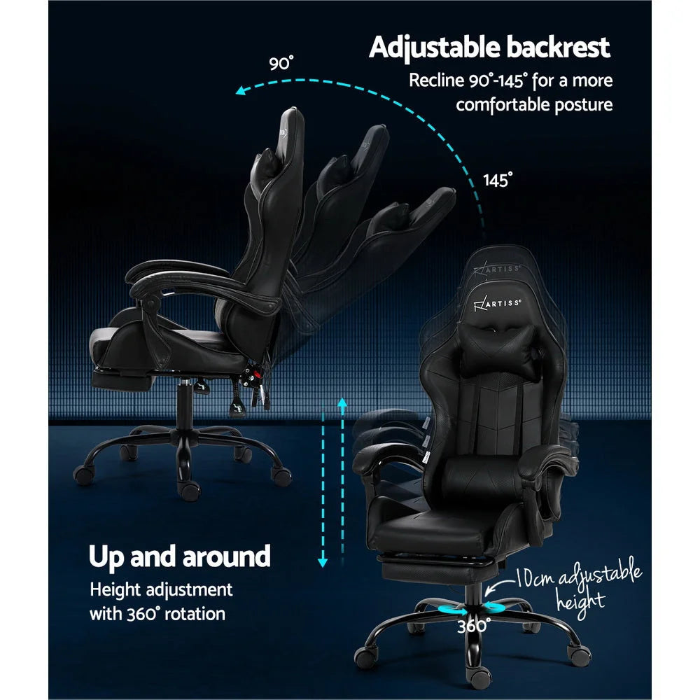 Gaming Office Chair with Footrest 6-Point Massage - Black