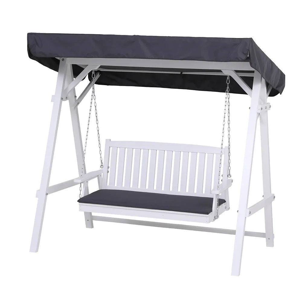 White wooden chair with outdoor swing bench canopy