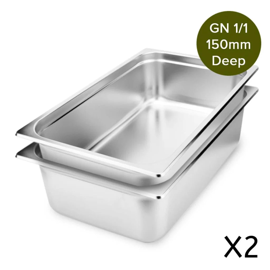 Gastronorm GN Pan Premium Set of 2 Full Size 1/1 GN 15cm Deep Stainless Steel Tray