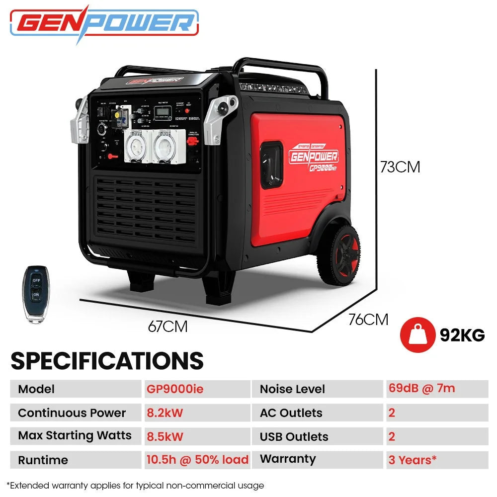 GENPOWER 8.5kW Peak 8.2kW Inverter Generator Push Button &