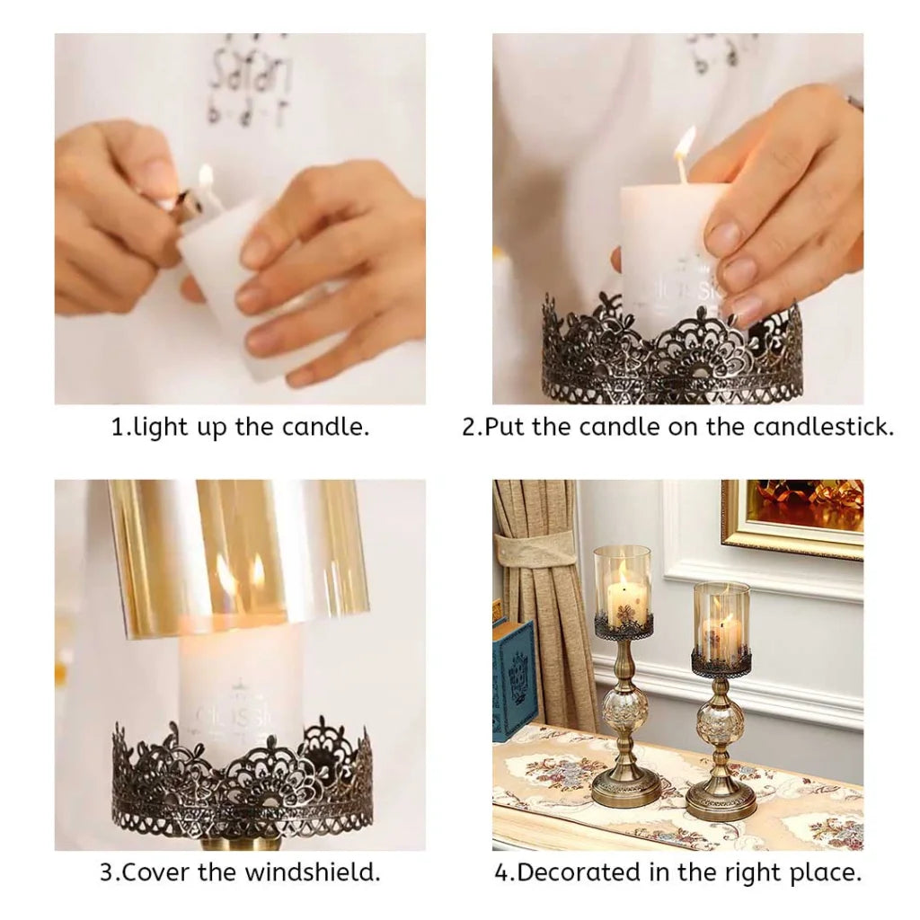 Glass Candle Holder Stand Set of 2 - 48cm Glass/Metal