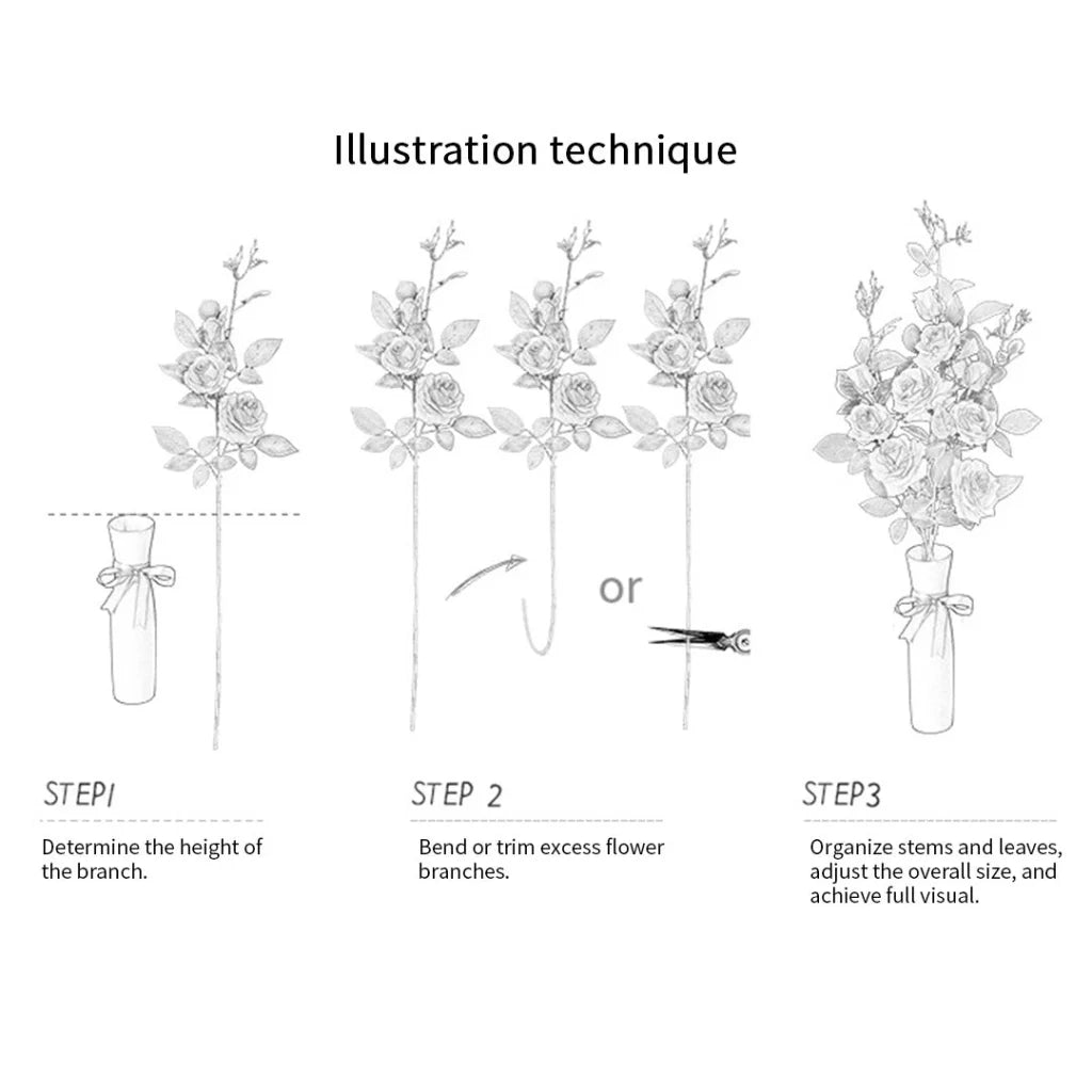 Glass Flower Vase Premium Blue Colored with 8 Bunch 5 Heads Artificial Fake Silk Rose Home Decor Set