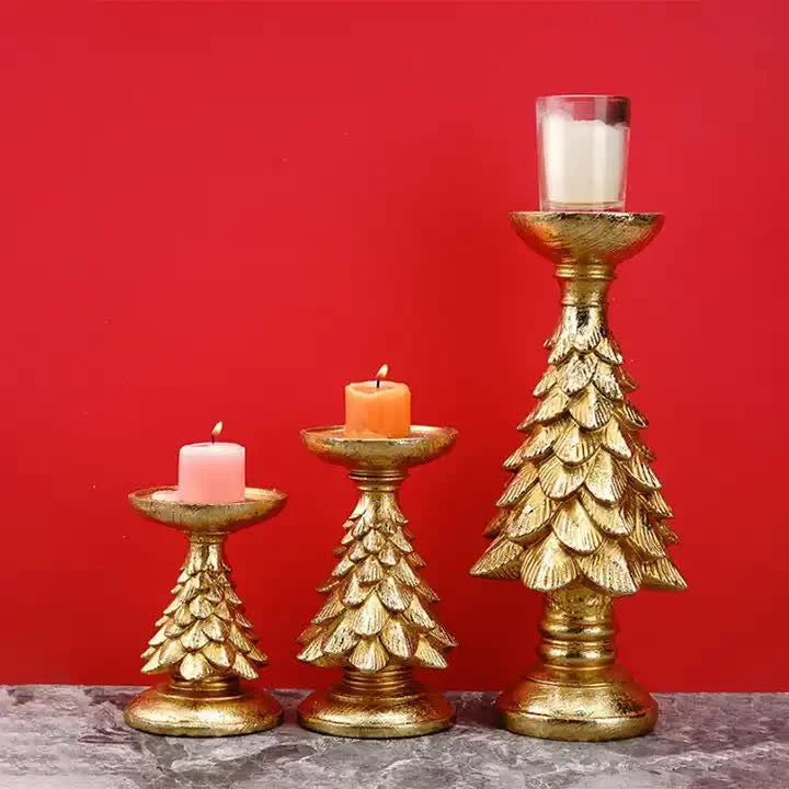 Gold Christmas Tree Candle Holder - Elegant Resin Pillar
