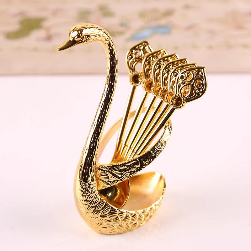 Gold Elegant Swan Cutlery Holder Set with 6 Dessert Spoons