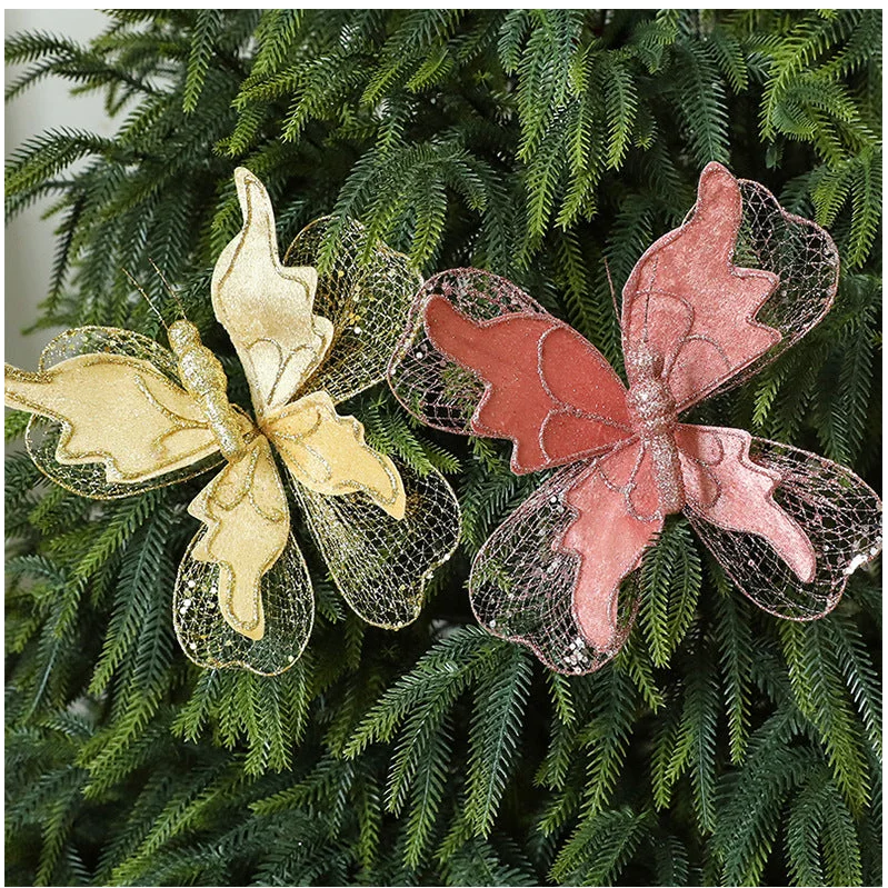 Gold Large Glitter Butterfly Christmas Ornaments (Set of 2)