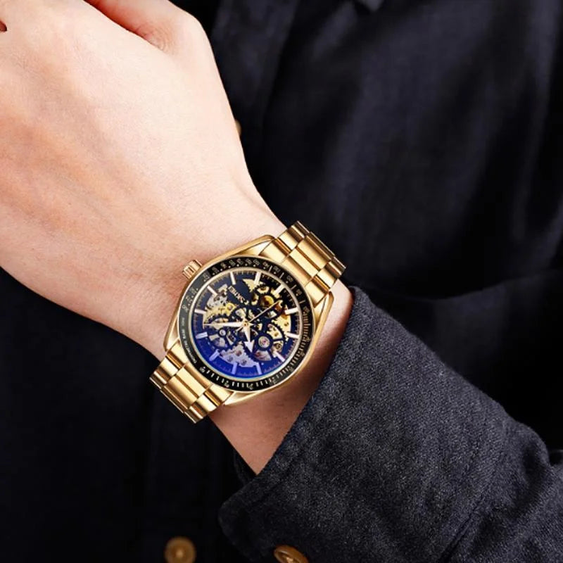 Golden Steel Band Automatic Skeleton Watch for Men